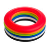 A silicone flyer featuring a vibrant stack of rings in red, green, blue, yellow, white, and black.