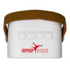 A compact white mini speaker with a brown strap and a logo featuring a dancer. It has three control buttons on the front.