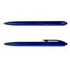A set of blue plastic pens with a smooth surface and a retractable mechanism, featuring branding.