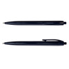 A plastic pen in dark blue featuring a click mechanism and a clip for attachment. It has a sleek, modern design.
