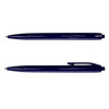 A navy blue plastic pen with a clip and a smooth barrel design, featuring a logo.