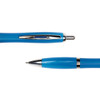 A blue plastic pen with a shiny silver clip and trim, showcasing its top and pointed ends.