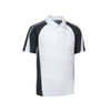 A vibrant polo shirt featuring a white body with navy blue side panels and a collar. It has a logo on the chest.