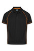 A black polo shirt featuring orange detailing and a collar. It includes a branding logo.