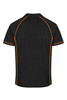 A black polo shirt with orange piping and a logo on the back.