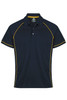 A navy polo shirt with yellow piping and a collar. It features a logo on the chest.