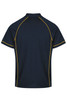 A navy polo shirt featuring yellow piping along the seams and a classic collar. It has a logo on the front.