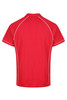 A red polo shirt featuring contrasting white stitching and a prominent collar, designed for men.