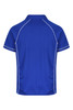 A blue polo shirt featuring contrasting white stitching and a logo on the chest. Back view displayed.