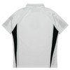 A white polo shirt with black side panels and a collar. It features branding on the fabric.