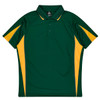 A green polo shirt with yellow side panels and a logo on the chest area.