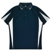 A navy blue polo shirt featuring grey accents and a collar. It has a logo on the garment.