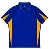 A blue polo shirt with yellow accents and a collar, featuring a branding logo. Perfect for kids.