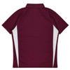 A maroon polo shirt with white side panels, featuring a collared neckline and short sleeves. Includes a logo.