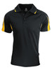 A black polo shirt with yellow accents, featuring a collar and a logo.