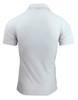 A white men's polo shirt with a standard collar and short sleeves, featuring a logo on the back.