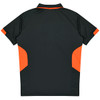 A dark green polo shirt with orange accents featuring a logo. Designed for kids.