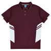 A maroon polo shirt featuring white side panels and a collar, with a small logo on the front.