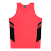 A bright pink singlet with black panels and stripes, featuring a logo on the neckline.