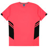 A coral red t-shirt with black accent stripes on the sides and a logo on the neckline.