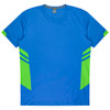 A blue T-shirt with green accents and a logo, designed for kids. Suitable for casual wear or active play.