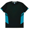 A black T-shirt with turquoise detailing on the sides. It features a logo on the label.