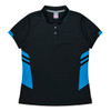 A black polo shirt with blue panels and a logo, featuring a classic collar and button placket.