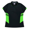 A black polo shirt featuring bright green accents, with a logo on the chest area and a classic collar design.