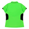 A lime green polo shirt with black accents on the sides, featuring a collar and short sleeves. It has a branding logo.