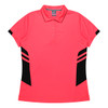 A pink polo shirt with black side panels and a collar, featuring buttons and a logo.