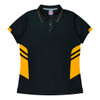A black and yellow women's polo shirt featuring a logo and sporty design elements on the sides.