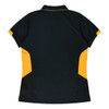 A black polo shirt with yellow accents, featuring a logo on the design.