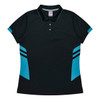 A black polo shirt with light blue accents and stripes, featuring a collar and a logo.