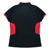 A black polo shirt with red accents and a logo on the back. Short sleeves and a classic collar design.