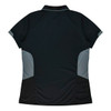 A black polo shirt with grey panel accents on the sides and back, featuring a collar and short sleeves. It has a logo.