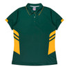 A green polo shirt with yellow accents and three stripe details on the sides. It has a collar and short sleeves.