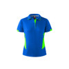 A blue polo shirt with neon green accents and a logo. It features a collared neck and short sleeves.