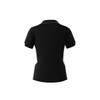 A black polo shirt featuring white side panels and a collar, designed for women with a logo.