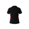 A black polo shirt with red accents, featuring a branded logo on the back.