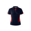 A navy blue polo shirt with red accents and a branded logo. Features a collared neck and short sleeves.