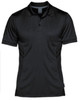 A black polo shirt featuring a collar and short sleeves, with a logo on the front.