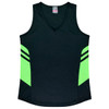 A black singlet with neon green accents on the sides and a logo on the front.