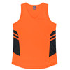 An orange singlet with black side panels and a v-neck design, featuring a logo on the label.