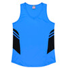 A blue singlet with black accents and a logo, designed for women's wear.
