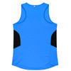 A blue singlet with black side panels, featuring a logo on the back.