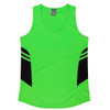 A bright green singlet with black side panels and a V-neck design, featuring a logo on the label.