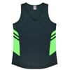 A black singlet featuring vibrant neon green side stripes and a V-neckline, with a logo on the label.