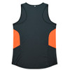 A dark green singlet with orange accents on the sides and a logo on the back.