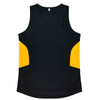 A black singlet with yellow accents and a logo on the back.