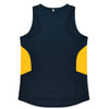 A navy blue singlet with yellow side panels. The back features no visible branding.